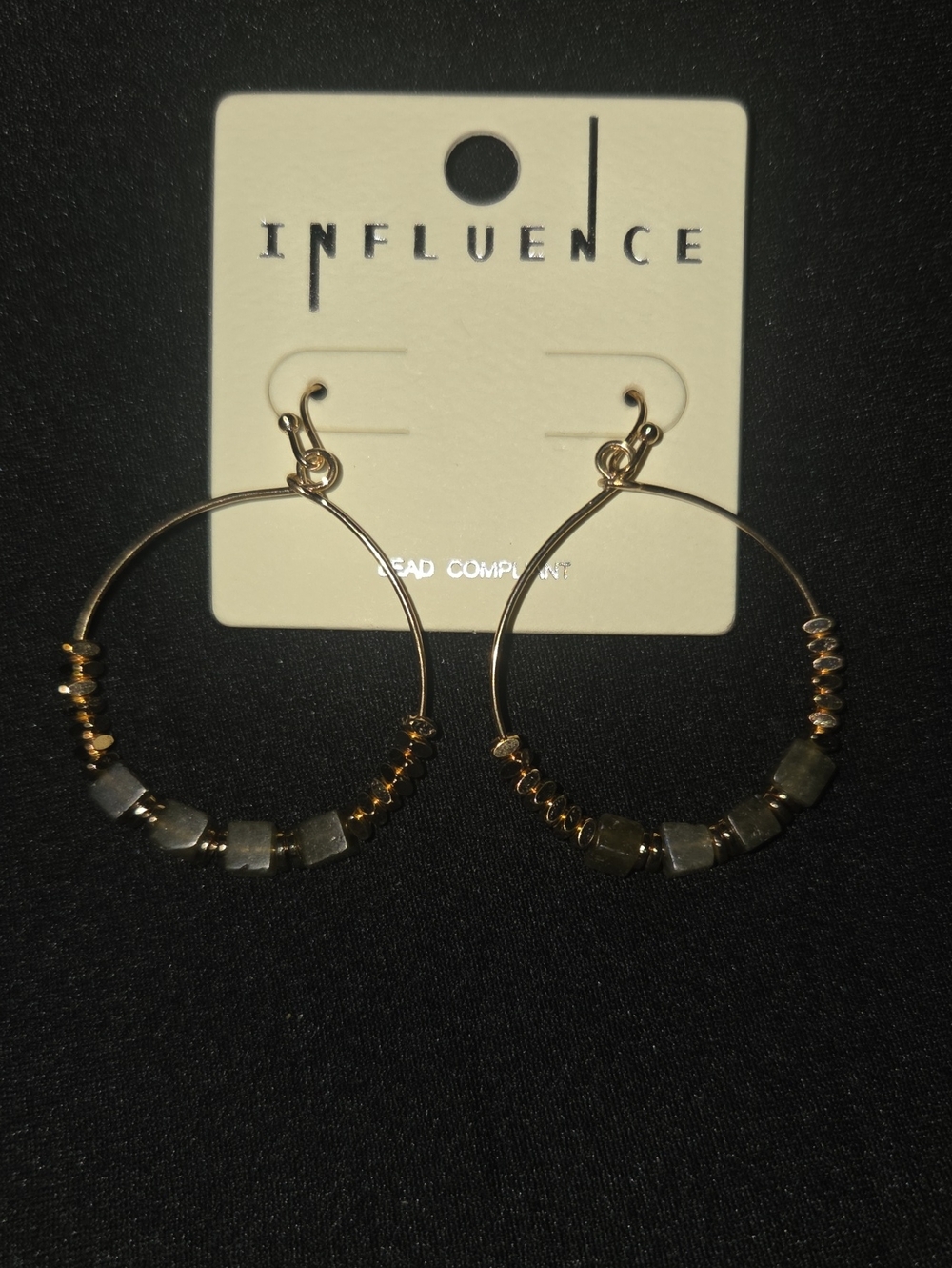 Gold Hoop Earrings with Gray Bead Accents